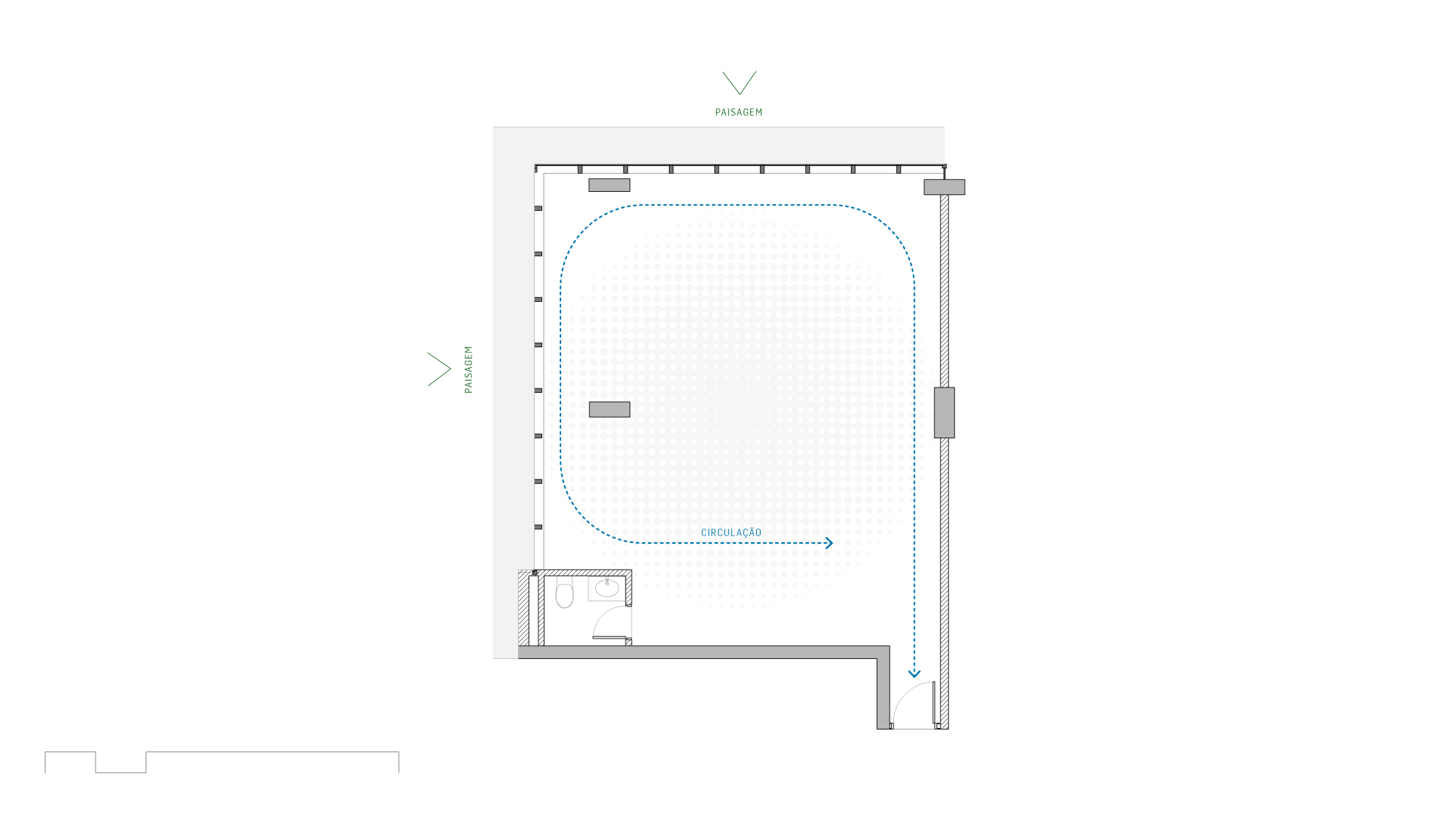 Diagram plan drawing marking a looping circulation path around an open floor, with landscape view arrows on two sides and a restroom