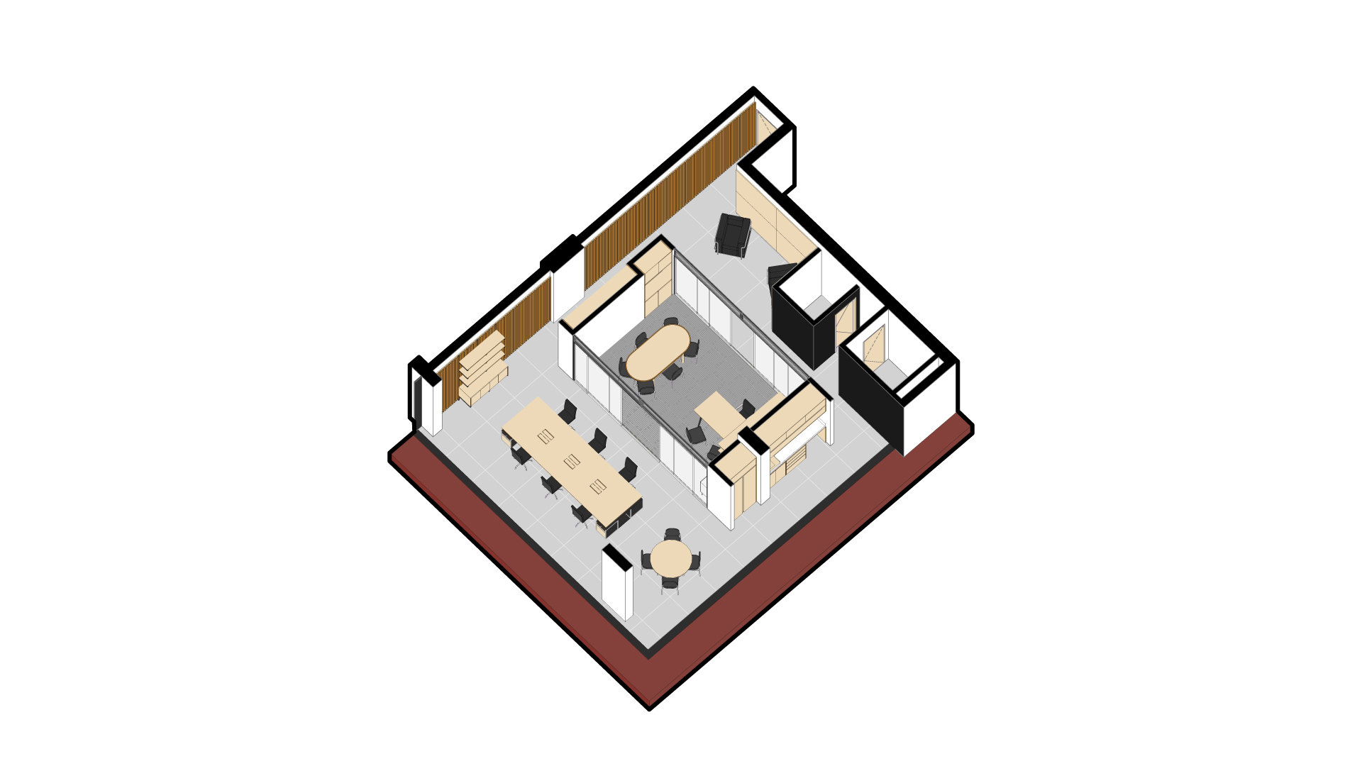 Axonometric drawing of an office interior showing a long shared table, a glazed meeting room with an oval table, timber slat walls and shelving