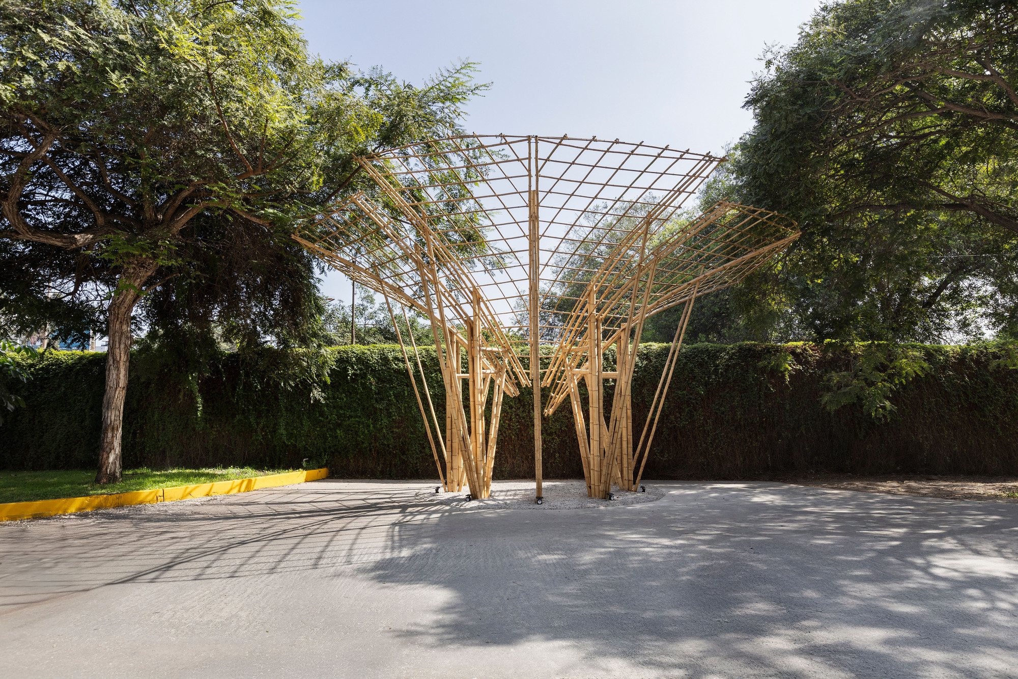 Frontal view of the funnel-shaped bamboo grid canopy on a gravel pad, with tree shadows across the pavement