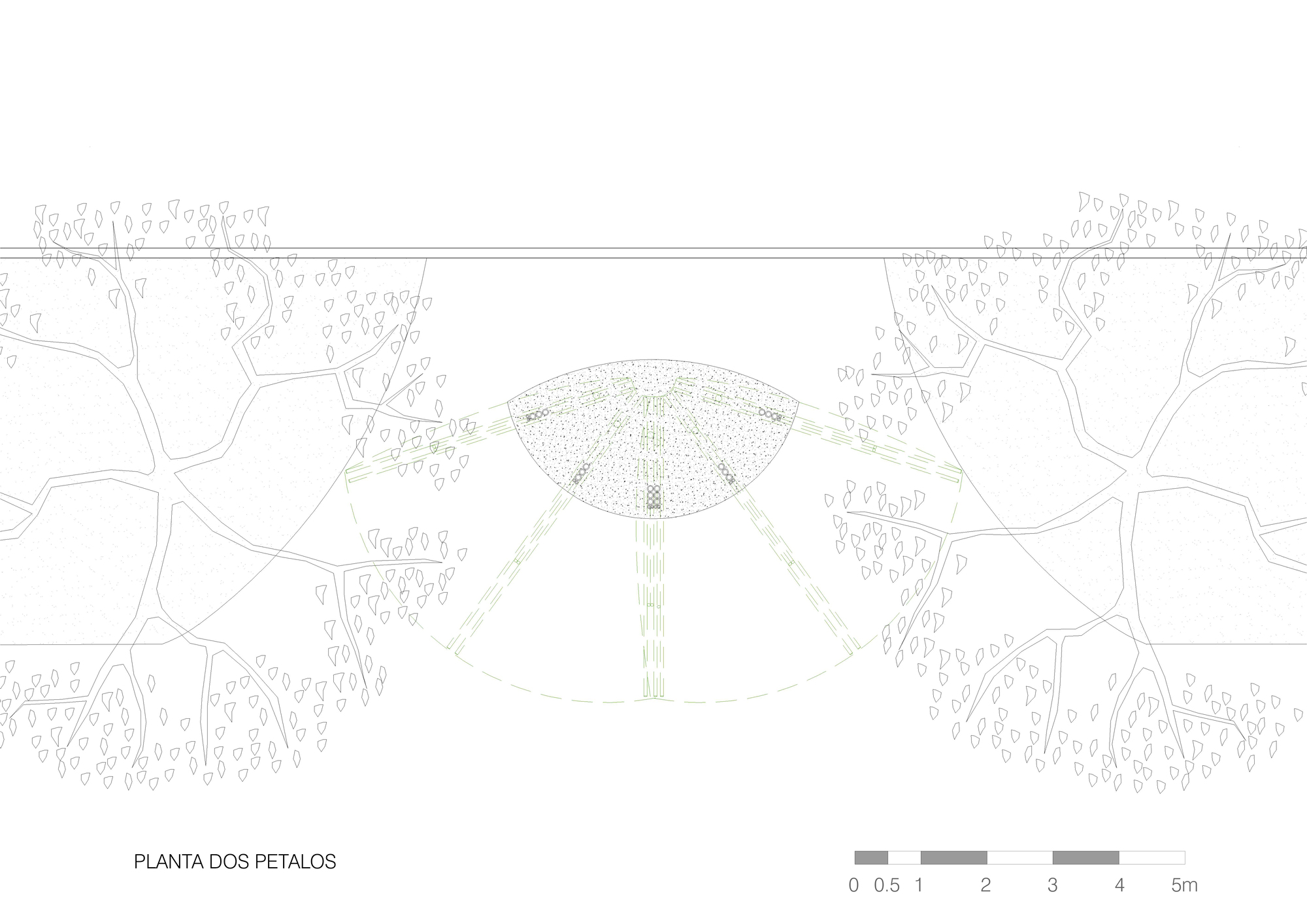 Plan drawing of a two-petal canopy, with radiating bamboo lines in a half-circle between two large tree crowns