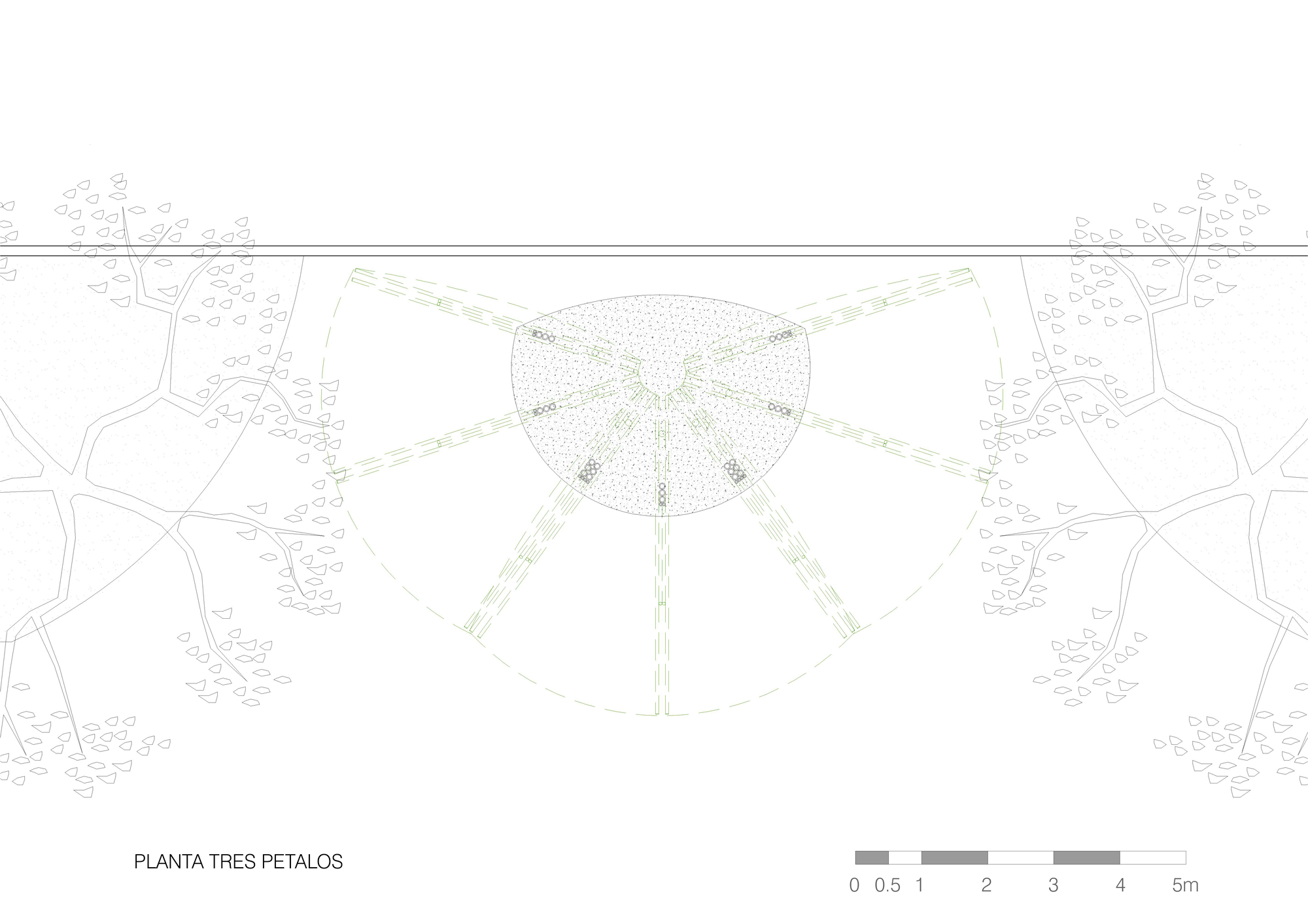 Plan drawing of a three-petal canopy, with radiating bamboo ribs in a wide semicircle flanked by two tree crowns