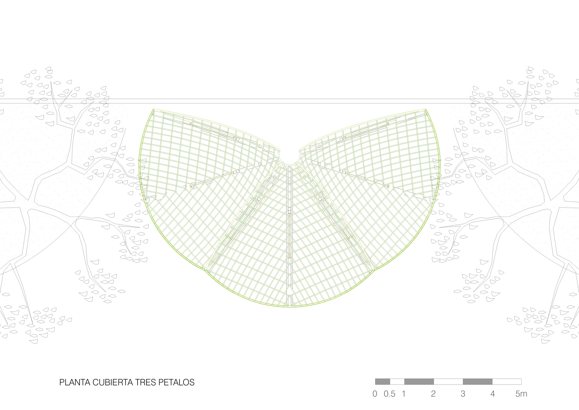 Roof plan drawing of a three-petal canopy showing a green gridded lattice flanked by outlined trees