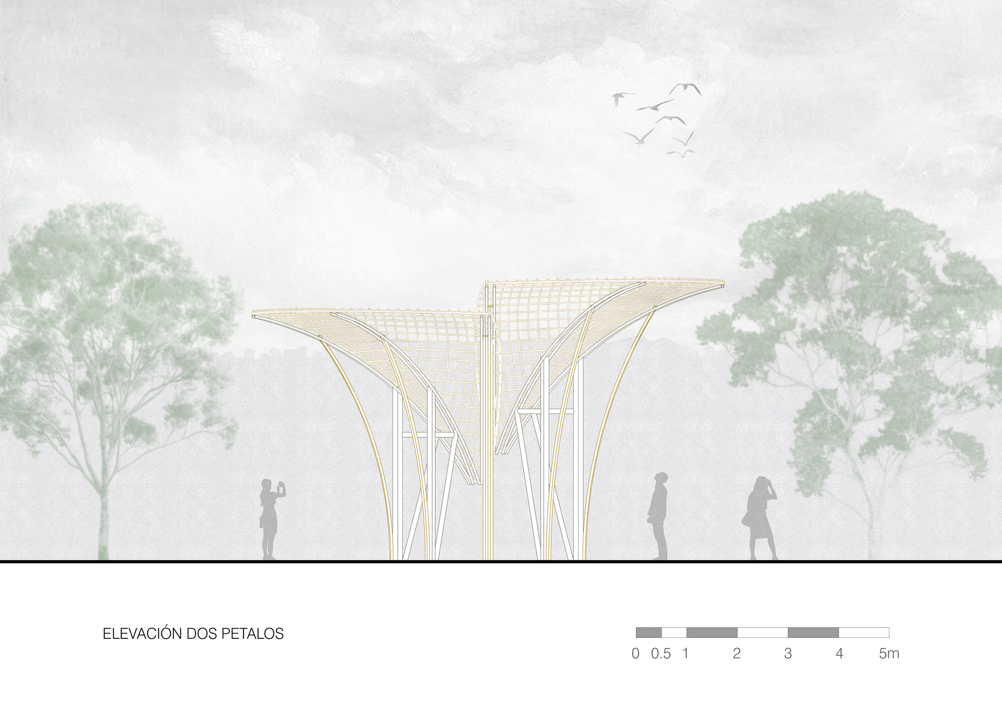 Rendered elevation of a two-petal canopy with visitors standing beneath, framed by green trees and a flock of birds overhead