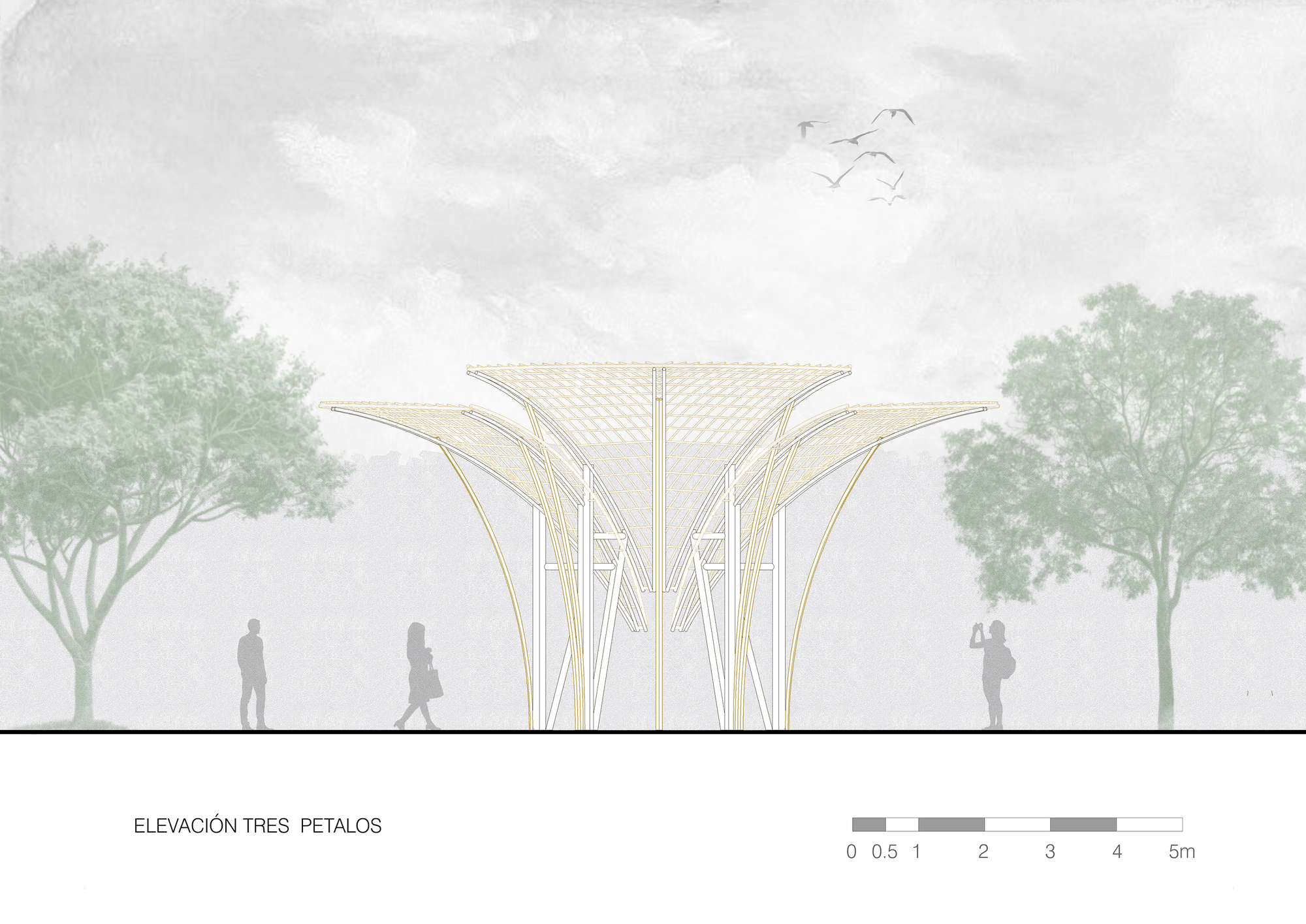Rendered elevation of a three-petal canopy with walking figures and a person photographing, set between trees under overcast sky