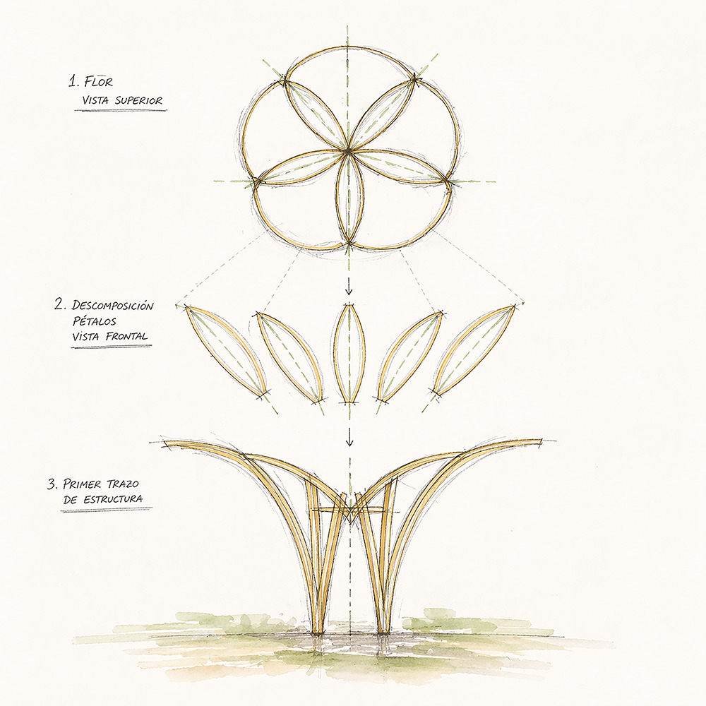 Concept sketch diagram tracing a five-petal flower from top view to separated petals to the first timber structure drawing, with watercolor grass at the base