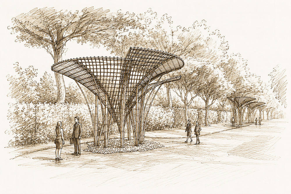 Perspective sketch of a lattice-roofed canopy on slender splayed columns beside a tree-lined path, with pedestrians talking and walking in soft light