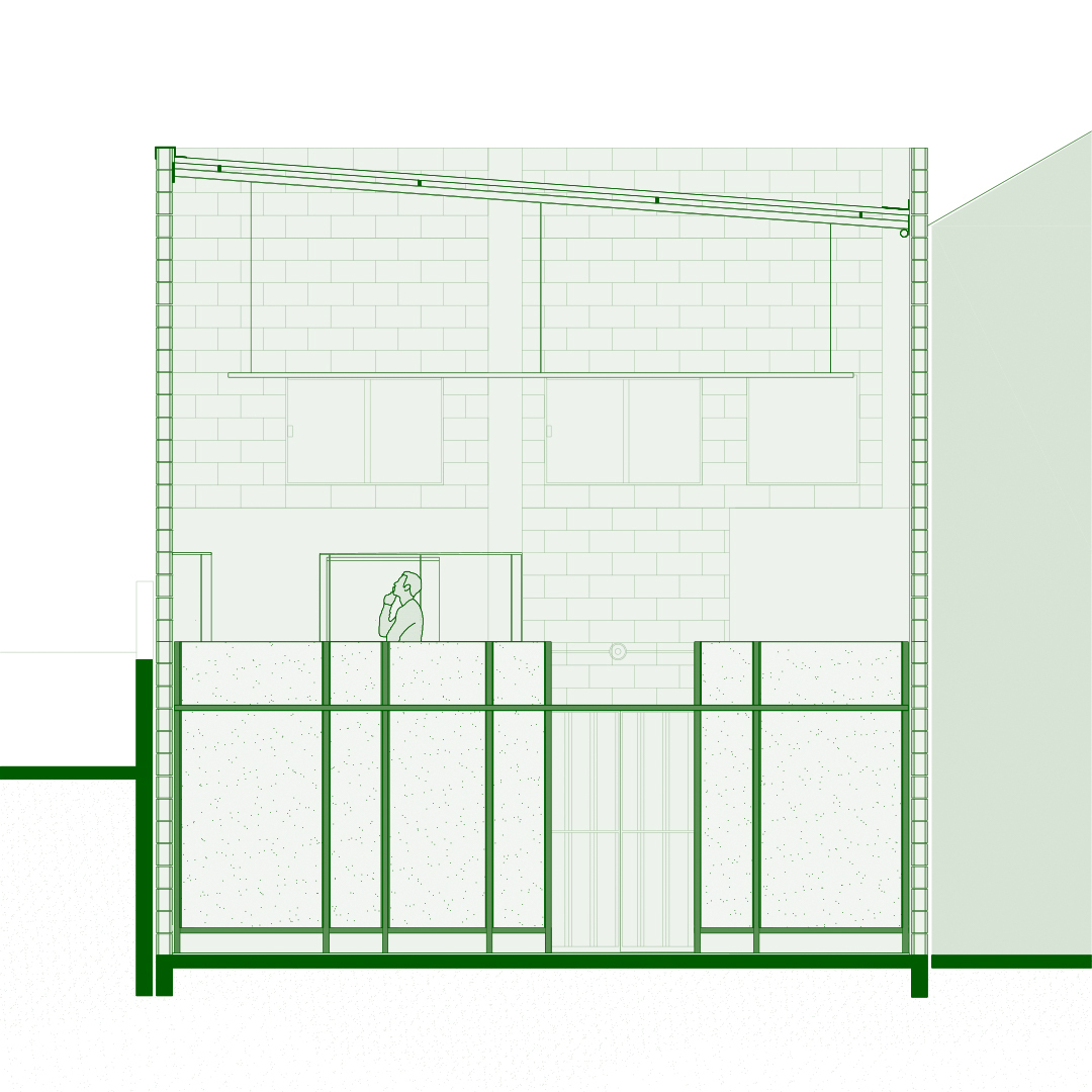 Section drawing revealing the double-height space with mezzanine level and figure on upper floor
