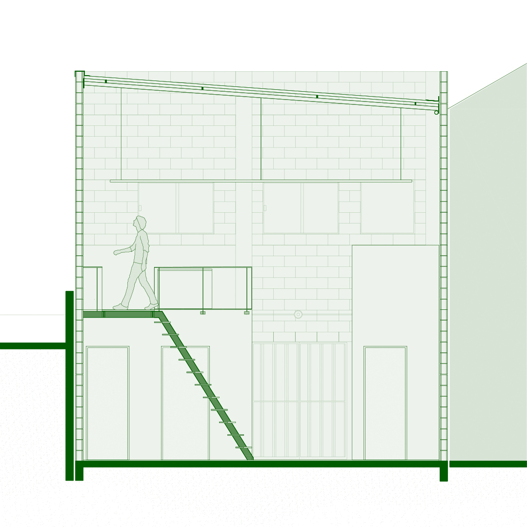 Section drawing showing the diagonal staircase connecting ground level to mezzanine with walking figure