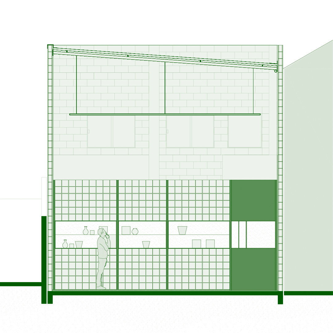 Section drawing depicting the glass block facade with shelving and figure at ground level