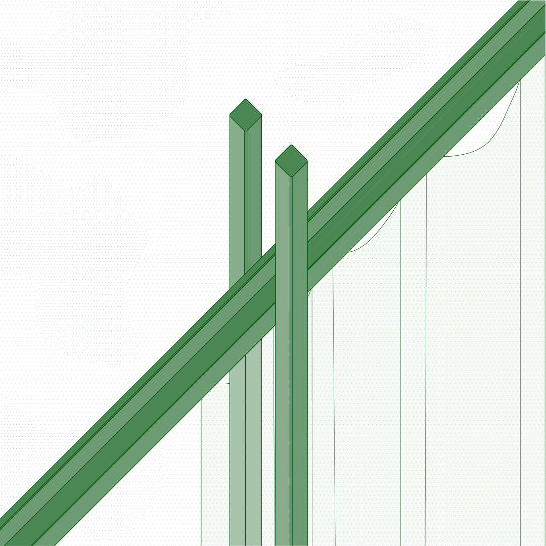 Axonometric detail drawing of diagonal timber beams intersecting with vertical posts and wall plane