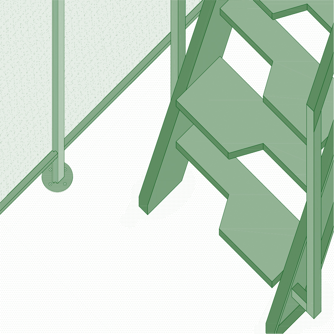 Axonometric drawing showing a circulation route connecting multiple stair landings and platforms