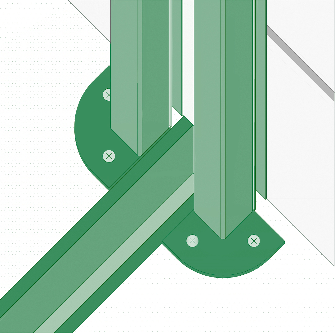Axonometric detail of a steel column base with anchor bolts and diagonal bracing connection