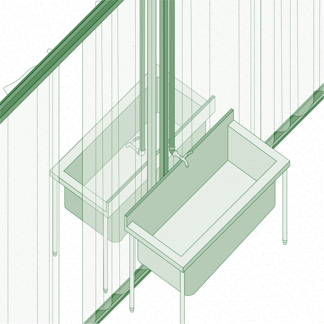 Isometric drawing of a raised platform structure with vertical slat screening and diagonal supports