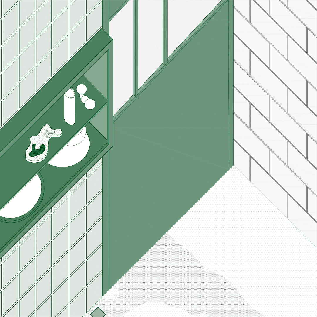 Axonometric detail showing signage panel mounted on a wall with diagonal tile pattern