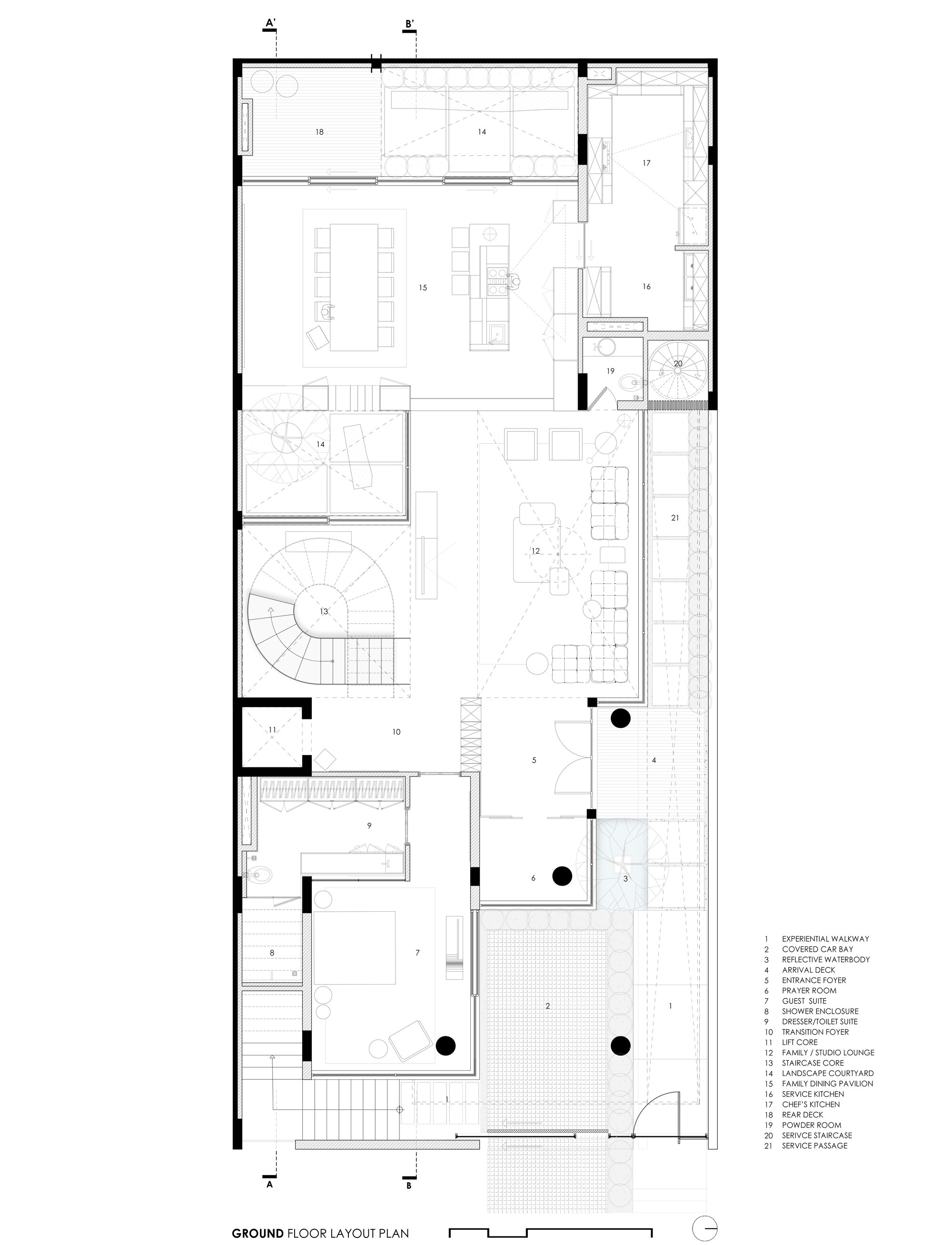 Ground floor plan drawing showing central circular staircase, open living areas, and multiple planted courtyards