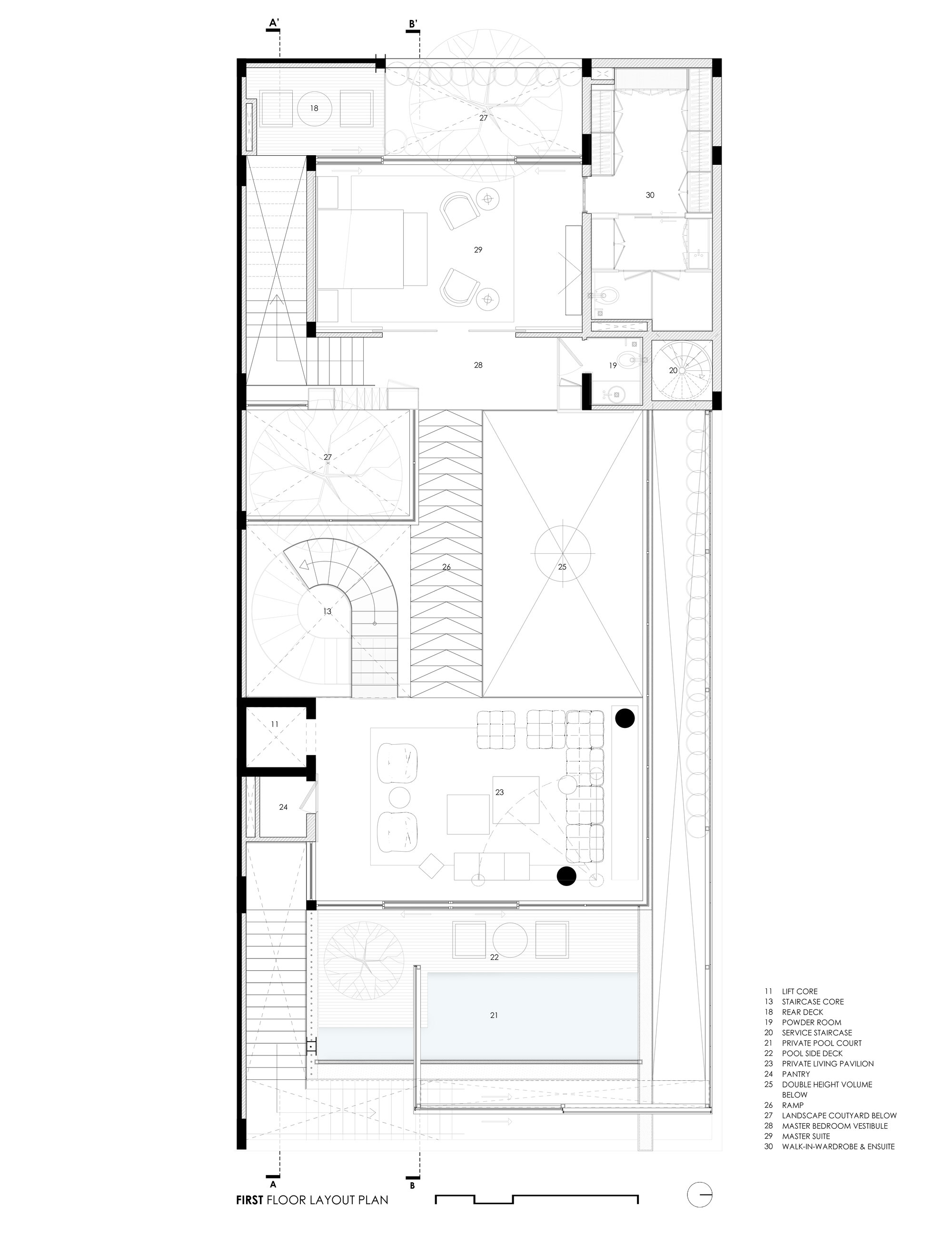 First floor plan drawing showing bedrooms, pool terrace, and double-height volume with decorative ceiling pattern