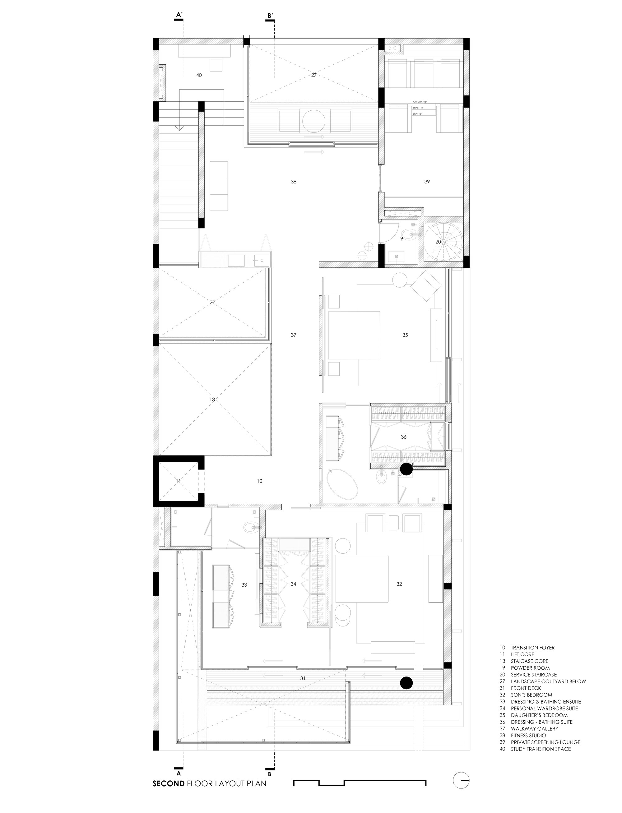Second floor plan drawing showing bedroom suites, open terrace, and sloped ceiling above stairwell