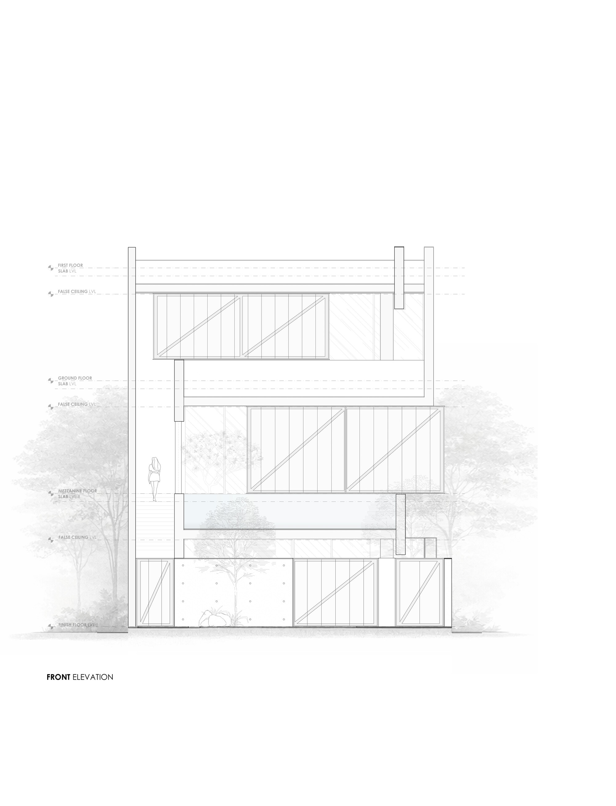 Front elevation drawing showing three stacked floor levels with vertical timber cladding and flanking trees