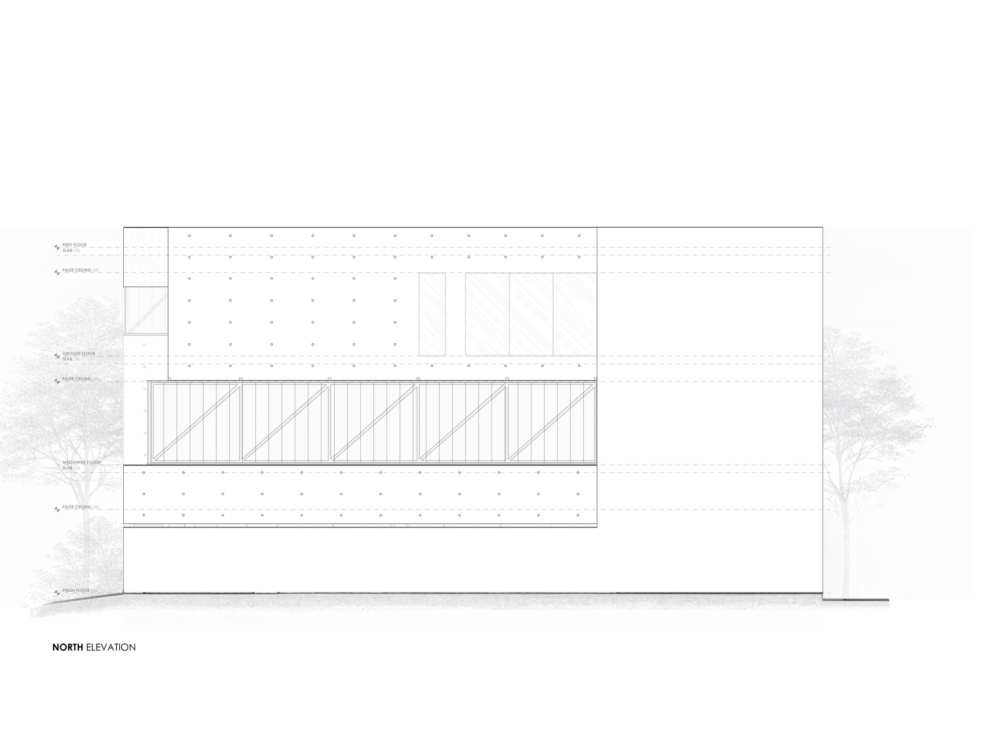 North elevation drawing showing horizontal banding with diagonal timber infill panels between mature trees