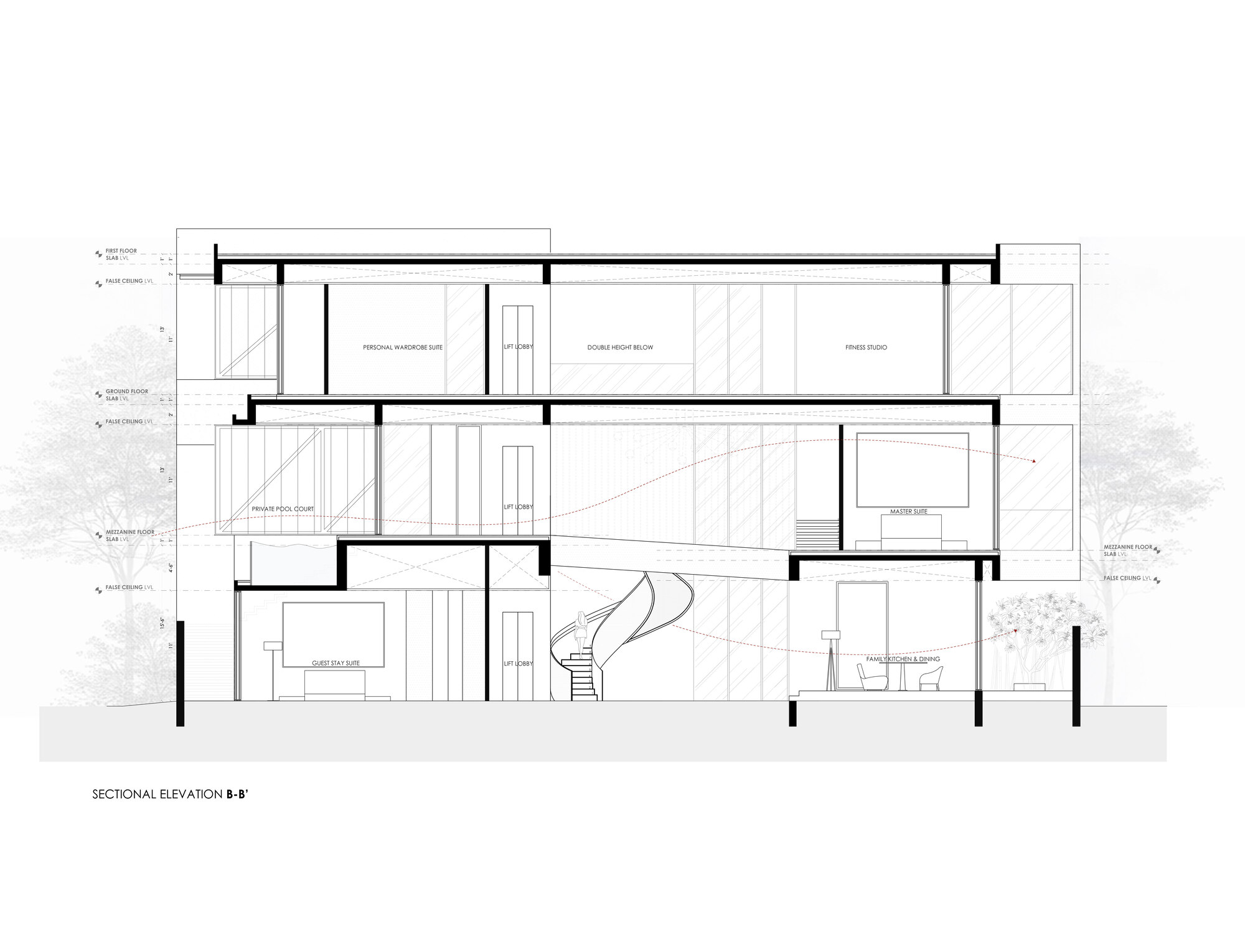Sectional elevation drawing showing a three-story interior with a curved staircase and trees flanking the structure