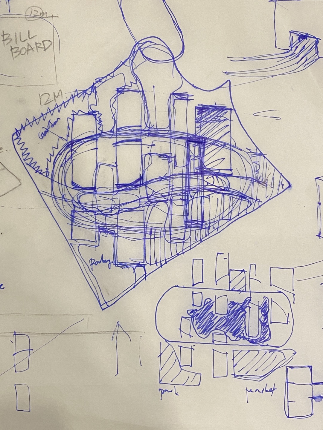 schematic design; sketch showing layout of the masses and design of the public space