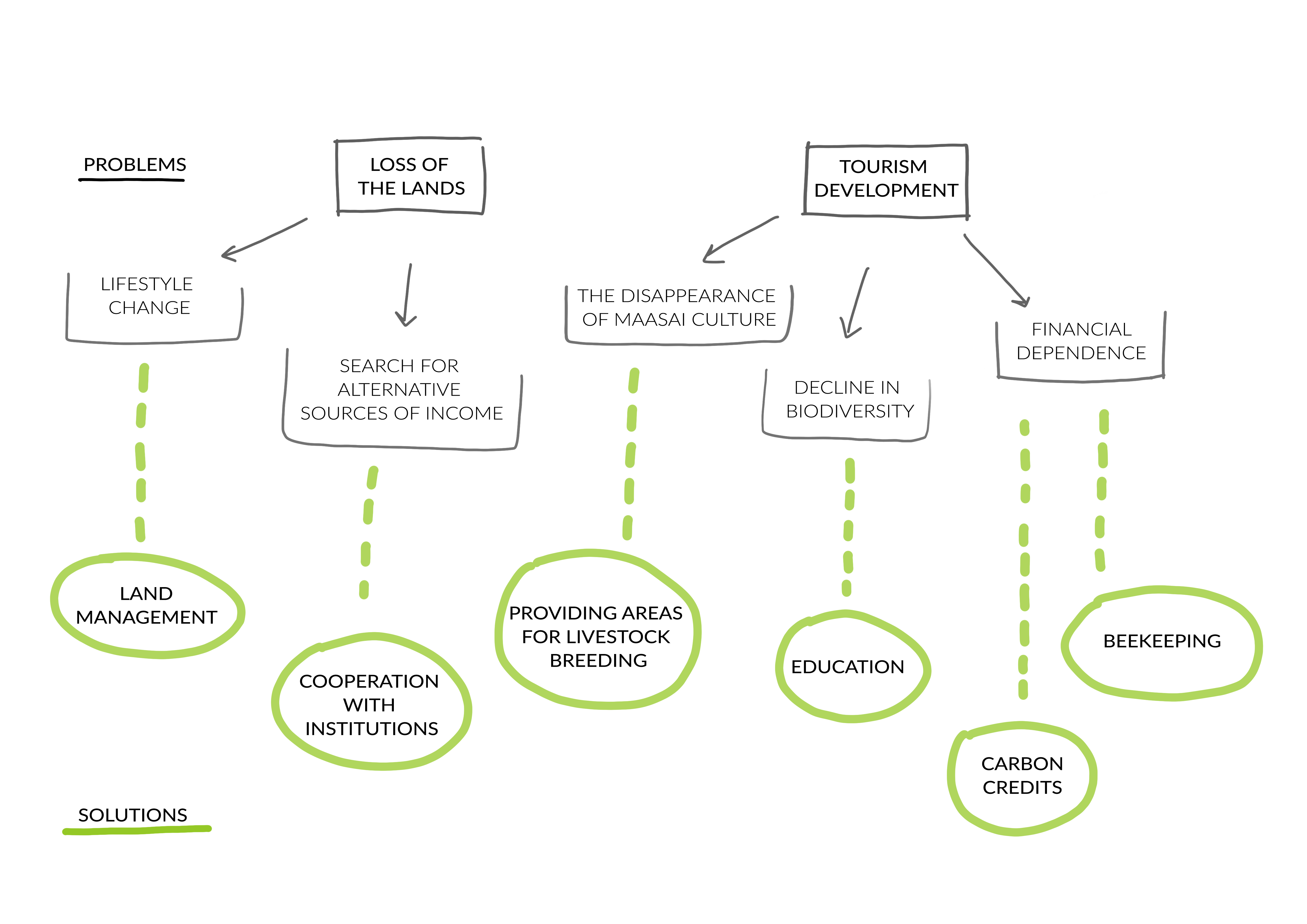 Diagram of problems occurring in Maasai Mara terrain and proposed solutions.
