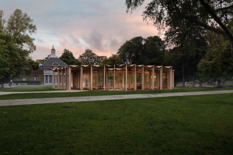 Serpentine Pavilion 2023 designed by Lina Ghotmeh — Architecture Design render, exterior view (Photo © Lina Ghotmeh — Architecture, courtesy of Serpentine)