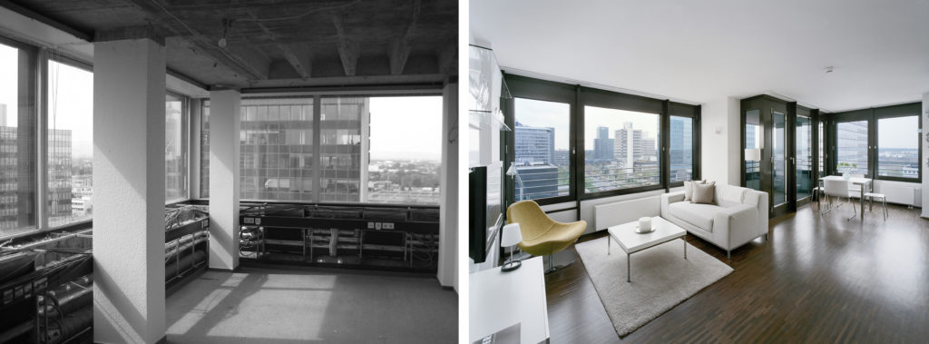 This pilot project for restructuring a former office district into a lively mixed-use area involved the redesign and modification of an unused, derelict 14-storied office building into a 17-story apartment tower. | Transformation into residential tower “Lyoner Straße” by Stefan Forster GmbH, Frankfurt, Germany