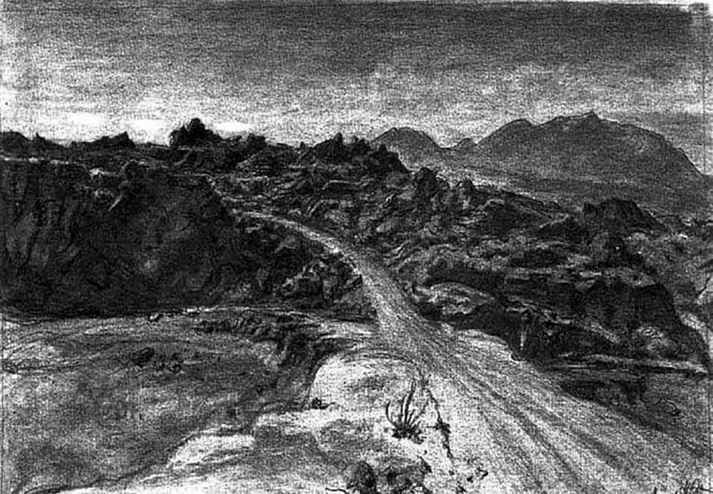 Captured by artists in drawings and paintings, including this 1946 sketch by Dr Atl, the basaltic malpaís create an abrupt and stoney landscape