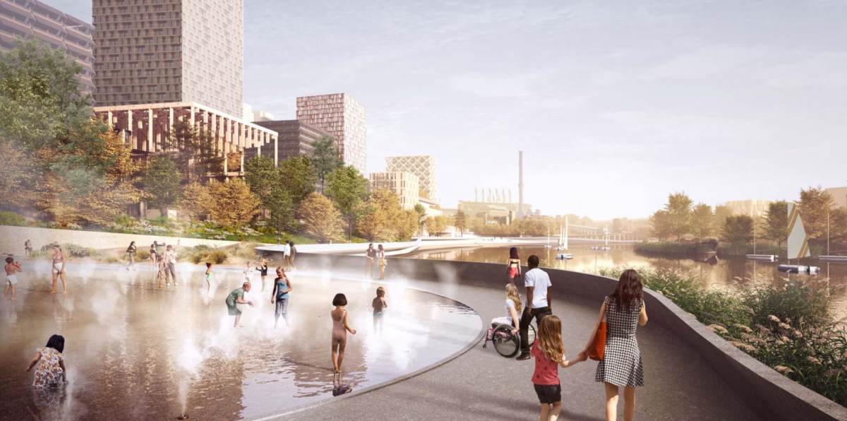 View looking east toward Tower City at new riverwalk with landscaped water feature (Concept Rendering © Adjaye Associates)