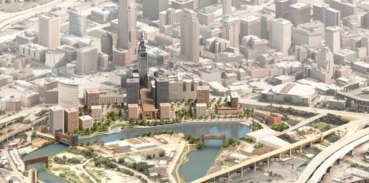 Axonometric View of proposed Cuyahoga Riverfront Master Plan (Concept Rendering © Adjaye Associates)