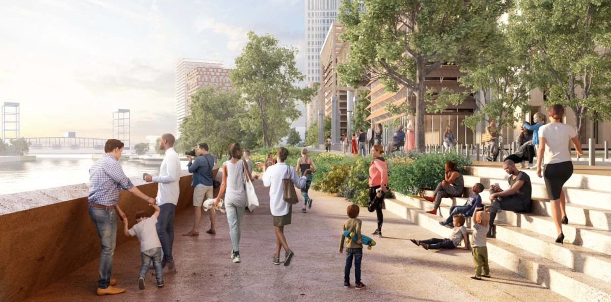 East view of new riverwalk with stepped seating (Concept Rendering © Adjaye Associates)