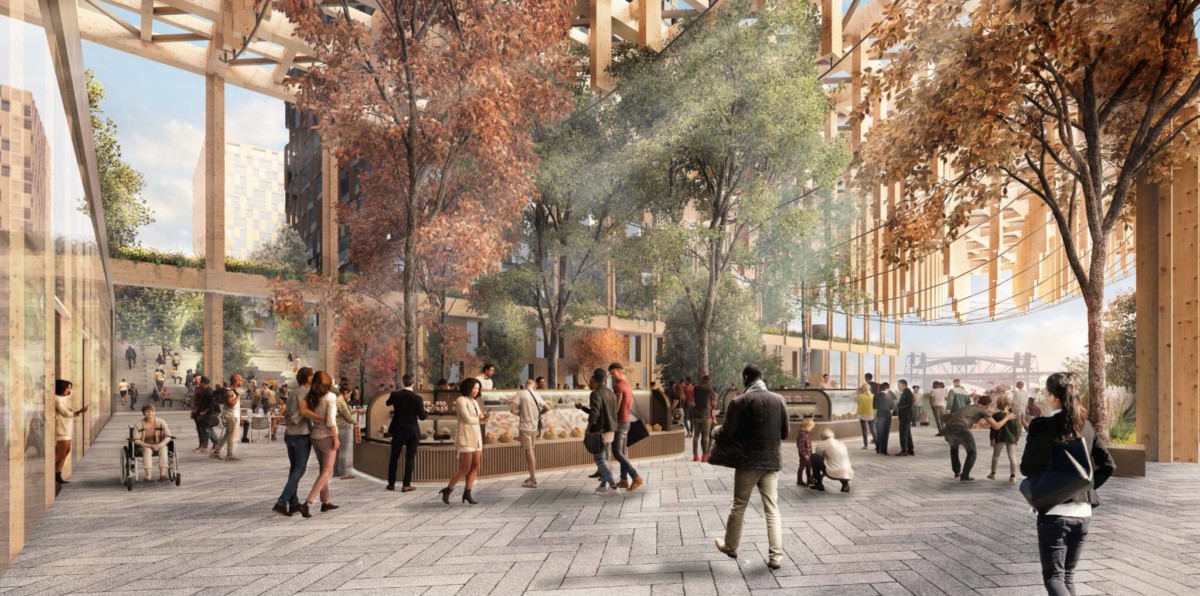 View of Huron Plaza, a covered outdoor market hall framing the riverfront (Concept Rendering © Adjaye Associates)