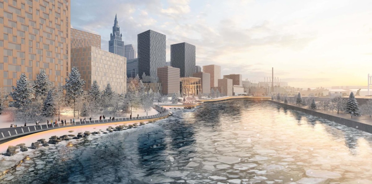 View from Carter Bridge of sculpted meandering riverwalk (Concept Rendering © Adjaye Associates)