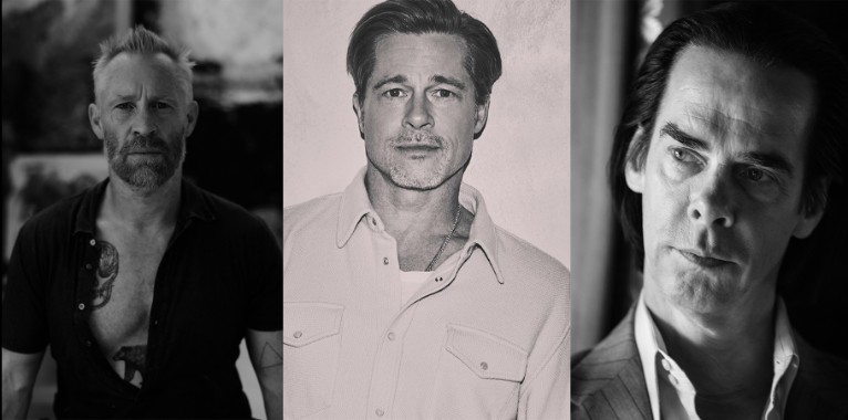From left to right: Thomas_Houseago, Headshot, photo © Amanda Demme; Brad Pitt, Headshot, Photo © Guy Aroch; Nick Cave, Headshot, Photo © Megan Cullen.