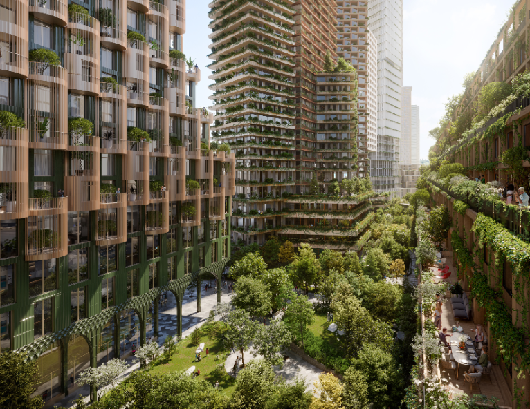 The car-free urban parks between the five towers. Courtesy of © Waterfront Toronto.