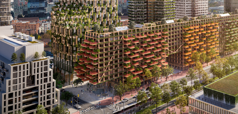 A street view of the timber house by Adjaye Associates. Courtesy of © Waterfront Toronto.