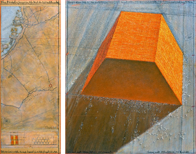 Christo The Mastaba (Project for Abu Dhabi, United Arab Emirates)_Drawing 2013 in two parts: Pencil, charcoal, pastel, wax crayon, enamel paint, hand-drawn map and technical data, and tape. Private collection, Photo: André Grossmann © 2013 Christo and Jeanne-Claude Foundation.