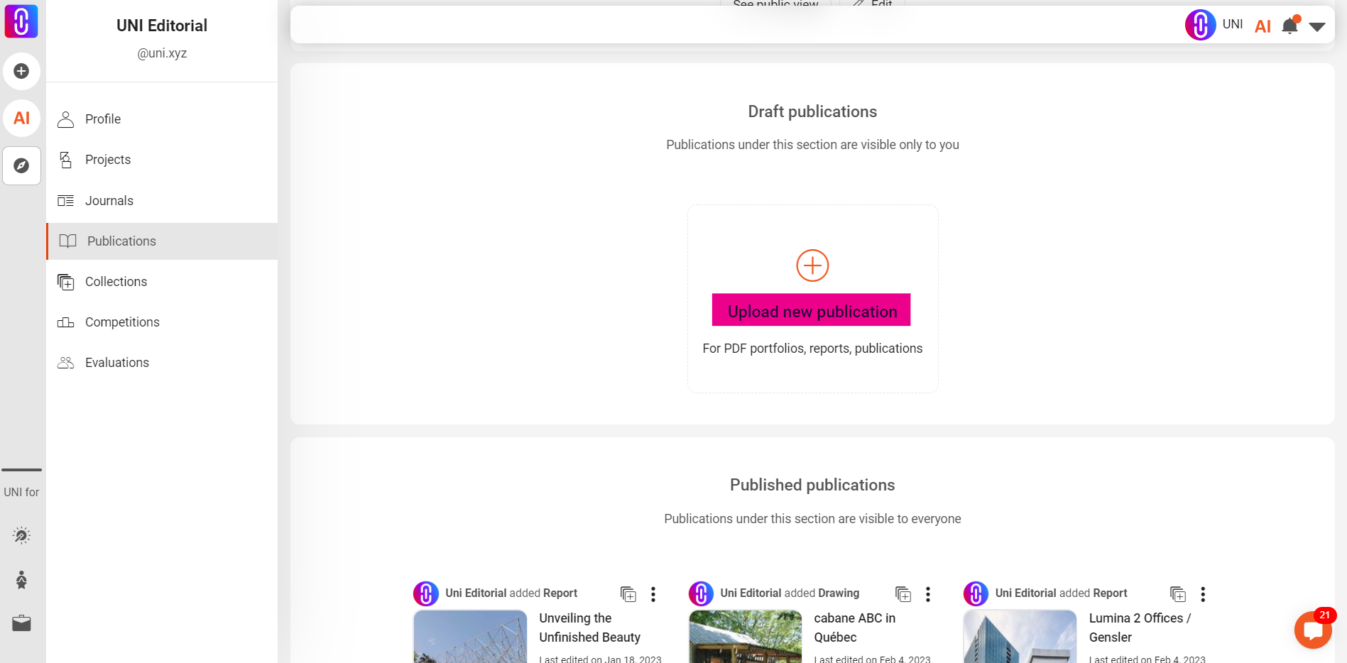 Click on upload new publication in self view to upload your PDF publication