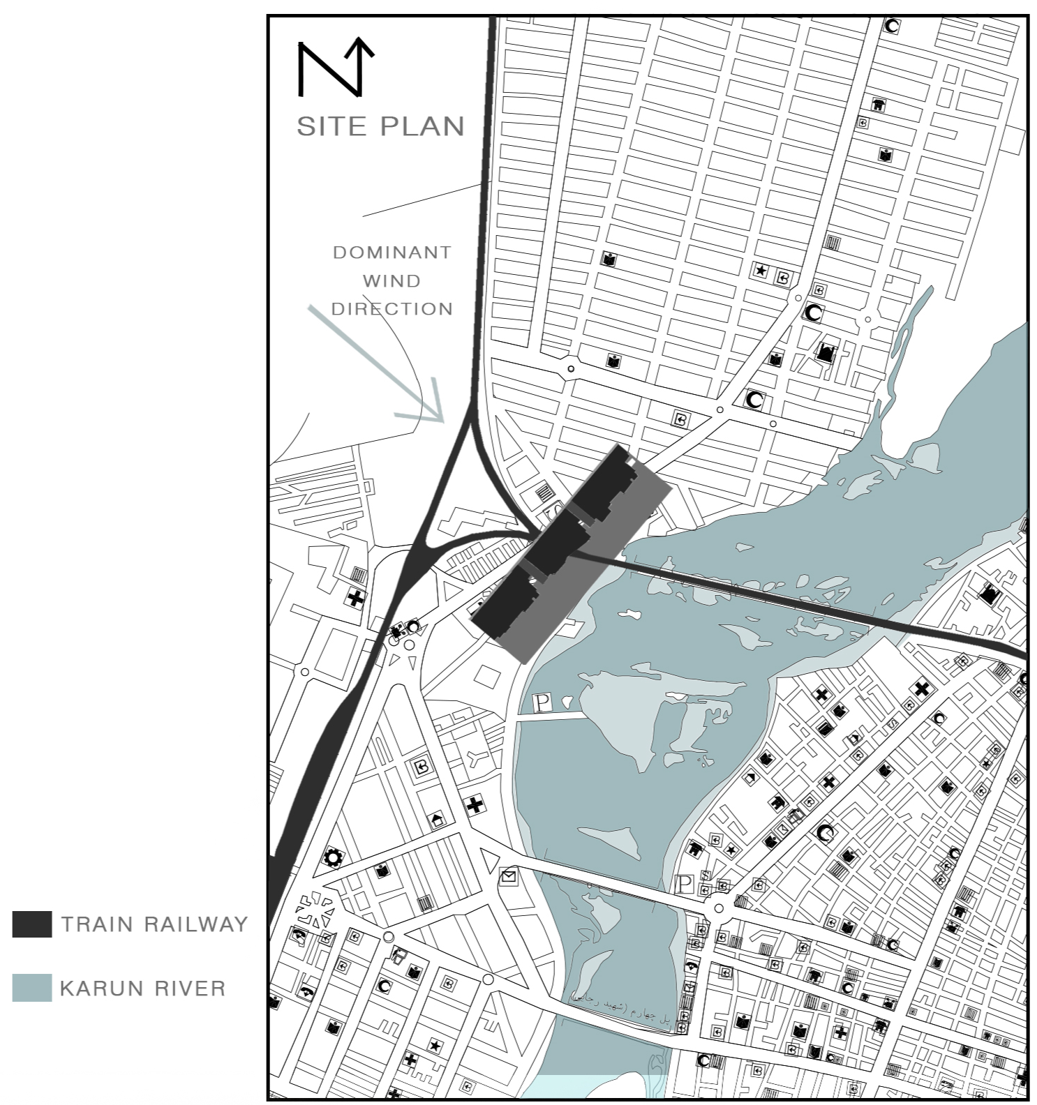 Urban site plan indicating wind flow across a riverside development. 