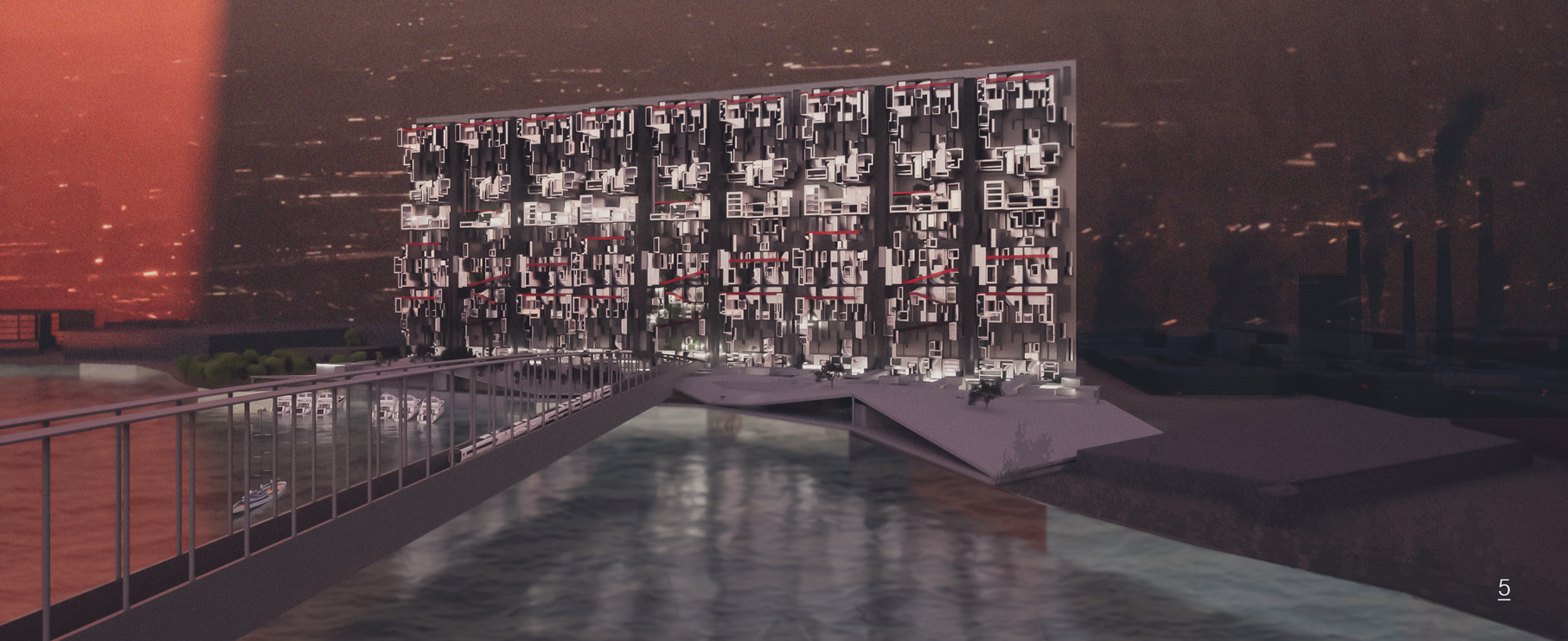 Riverside facade at dusk with illuminated balconies and walkway.