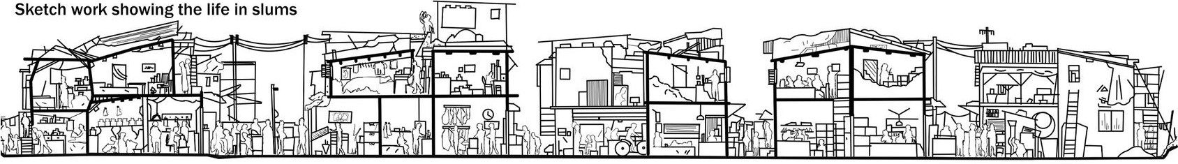 Vivid sketch captures bustling slum life.