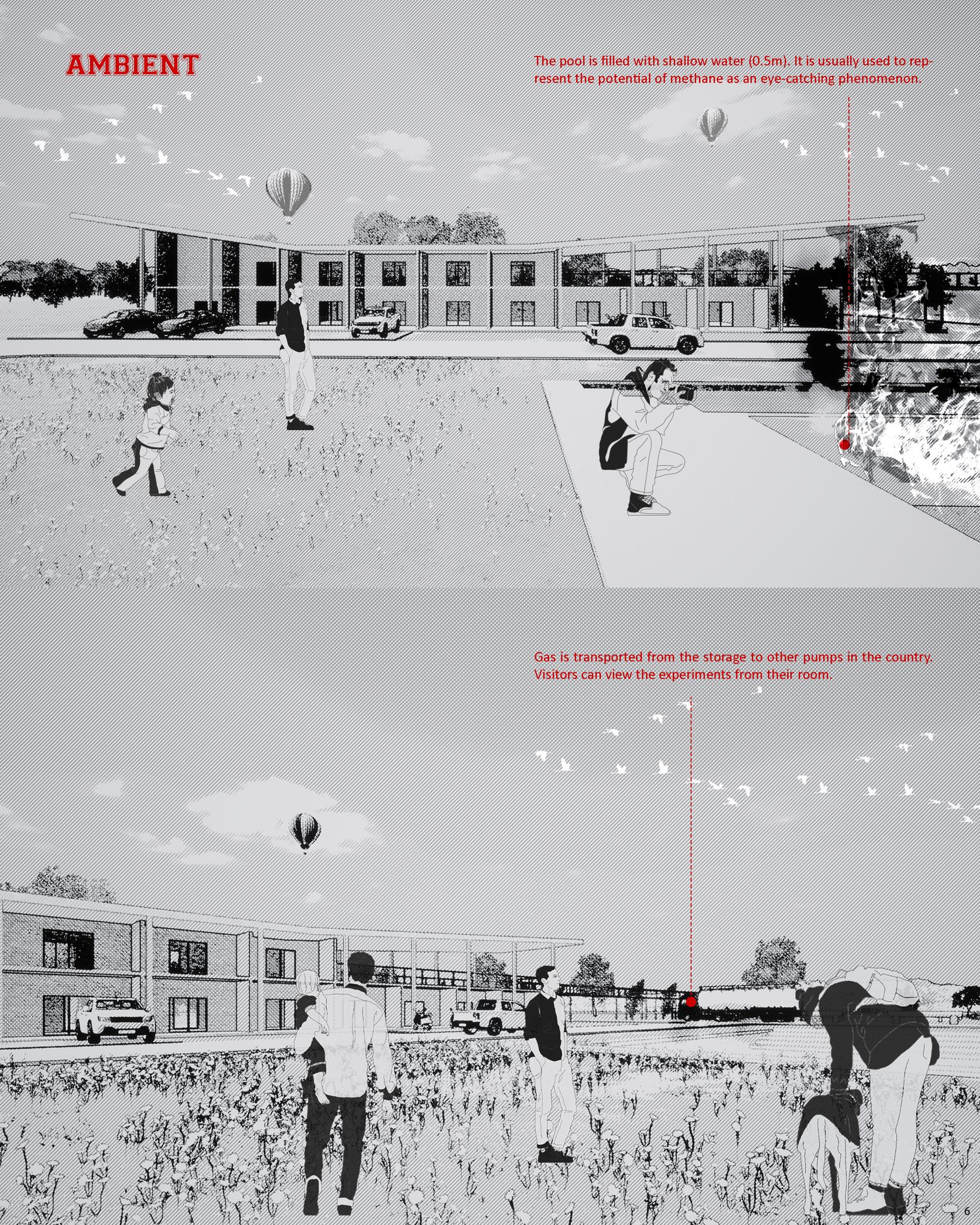 Methane's potential visualized at eco-friendly motel.