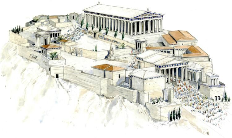 An artistic rendering of the ancient Parthenon in Athens, representing one of the earliest architecture competitions.