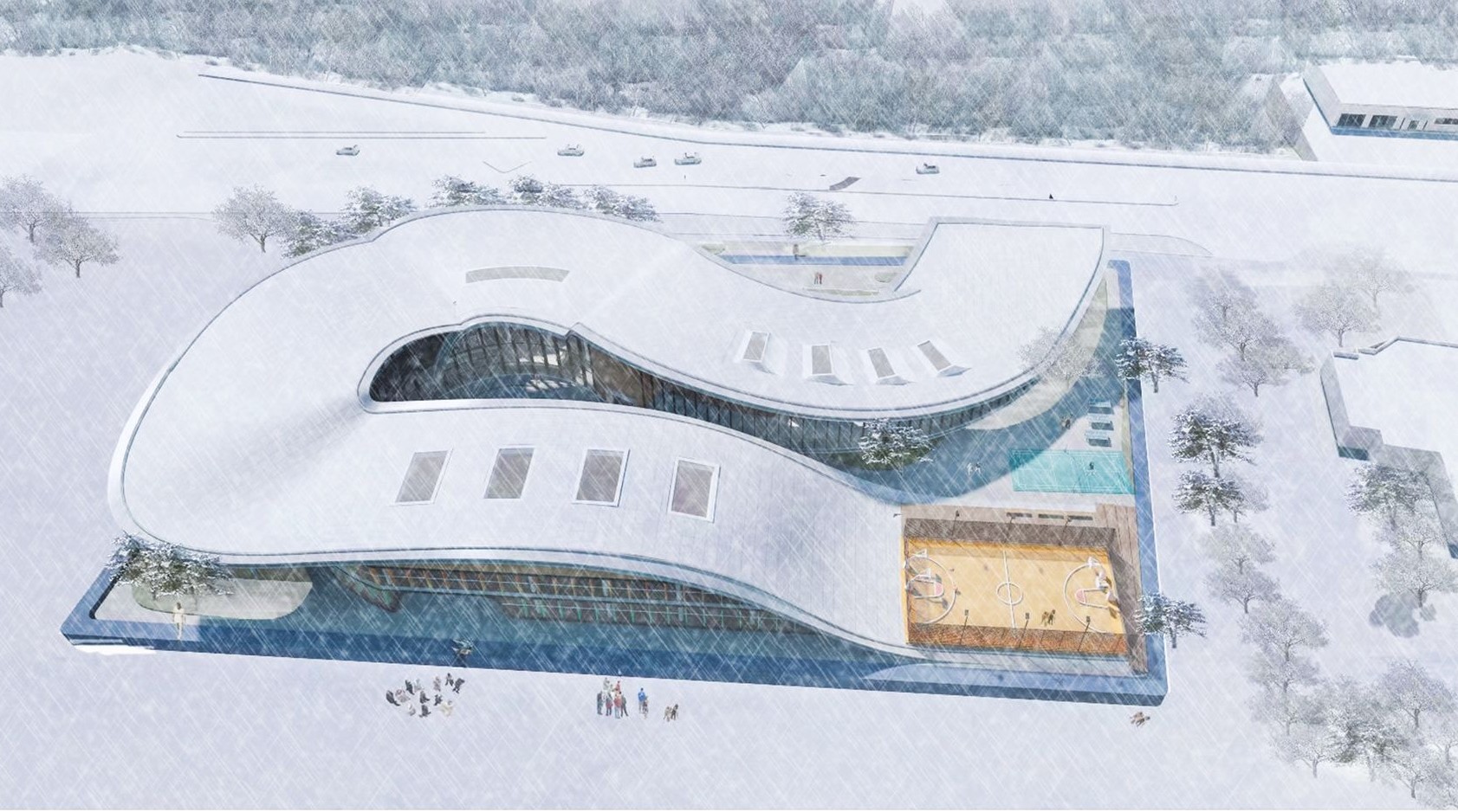 Winter's embrace enhances architectural elegance.