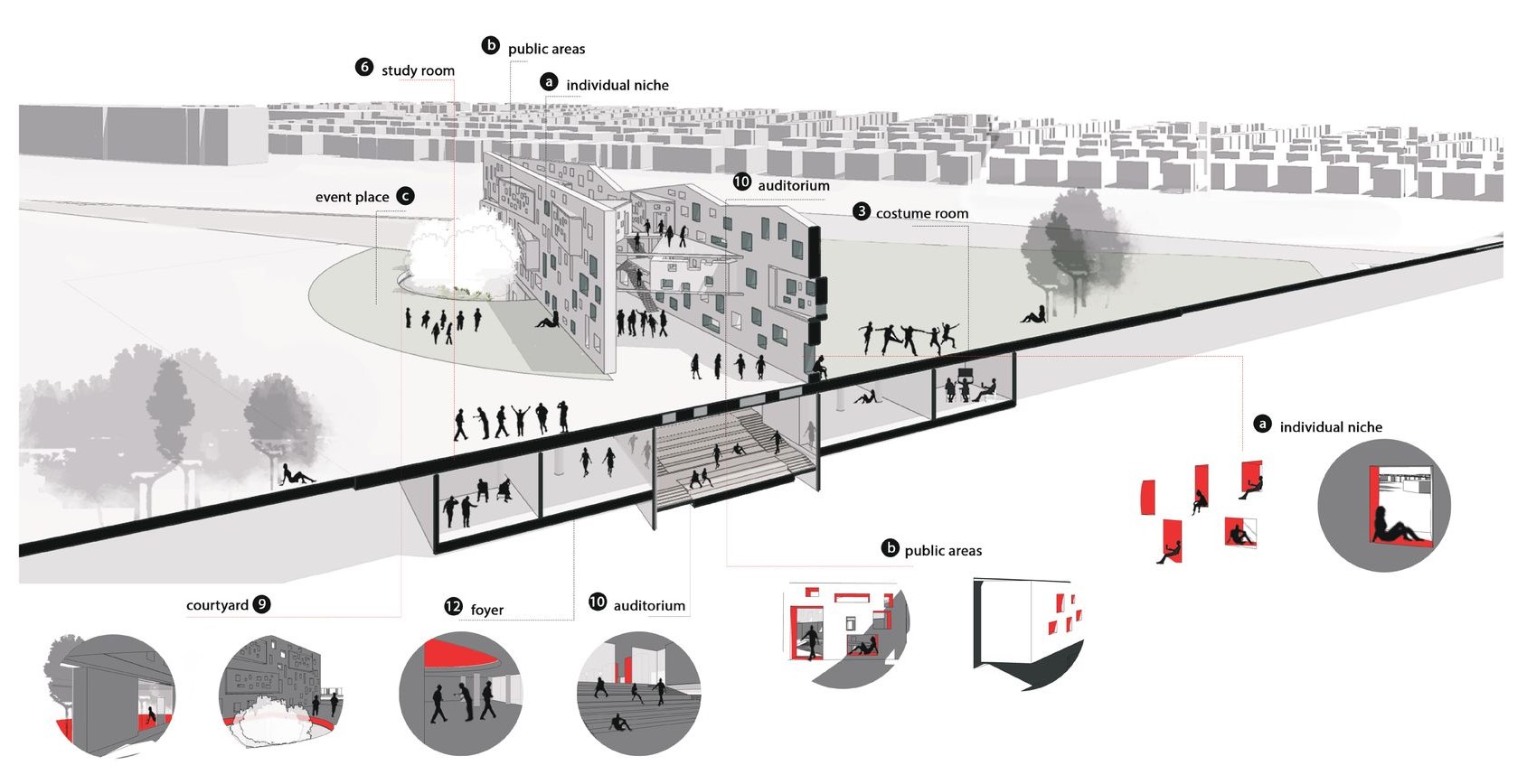 Architectural harmony: individual niches within a public tapestry.