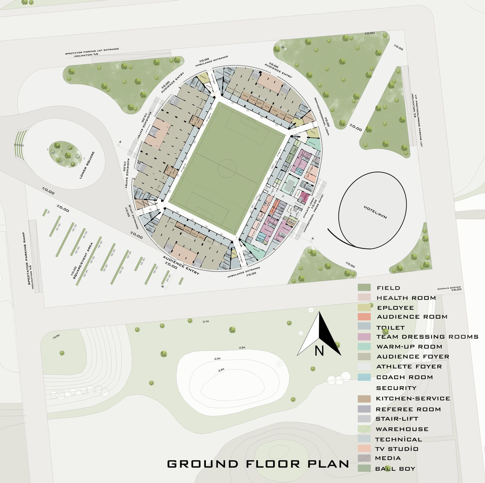 STAYdıum's ground floor: Integrating sport, community, and greenery.