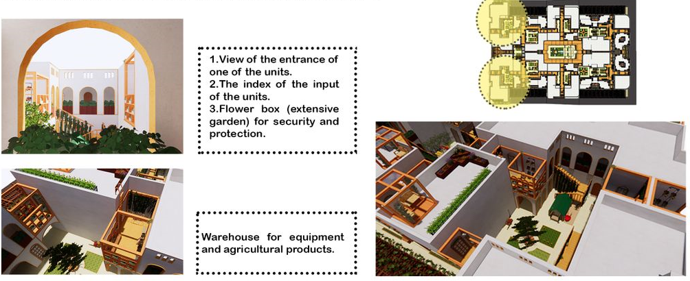 Architectural harmony: entrances framed by greenery.