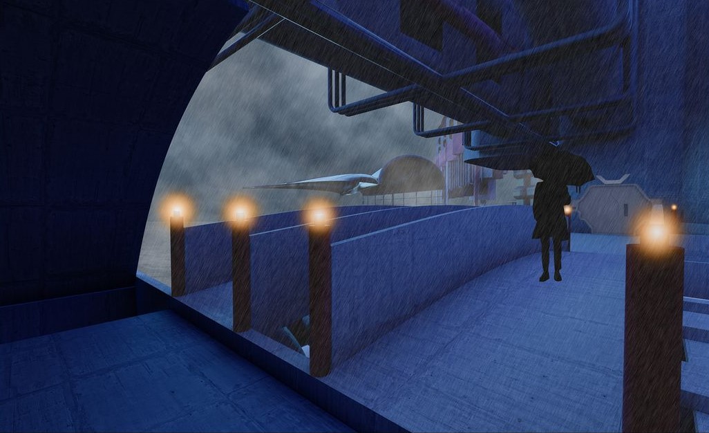 Futuristic shelter amid a stormy, rising tide.