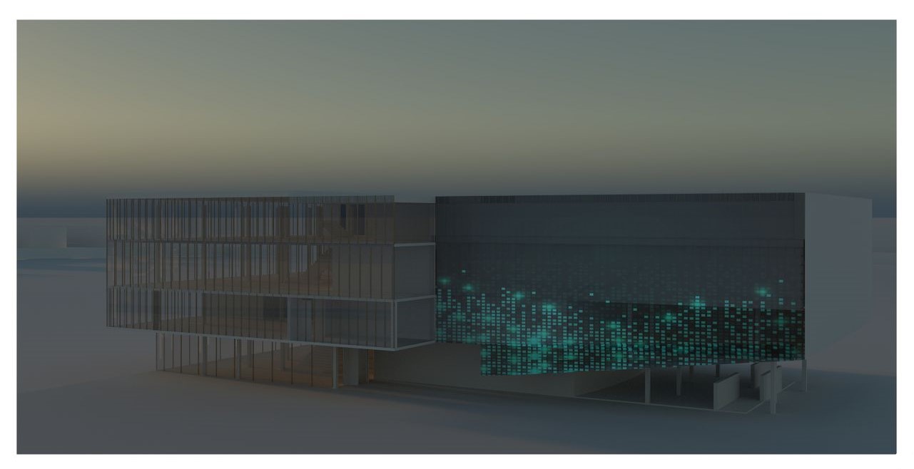 Dynamic facade lighting up the architectural silhouette at dusk.